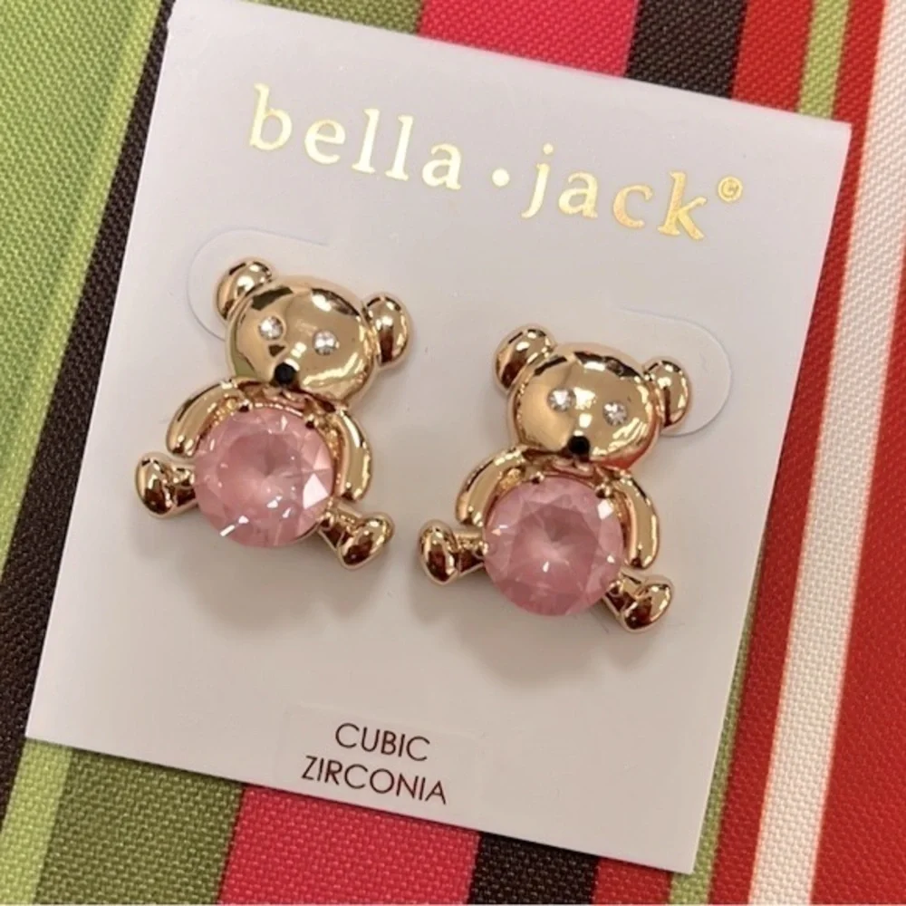 Brand New Bella Jack Teddy Bear Post Earring Gold Tone w/ Pink Stone
